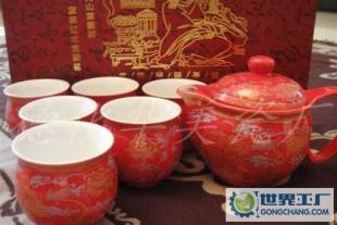 喜慶紅牡丹 頭雙層杯茶具，德化禮瓷中的功夫茶藝精品